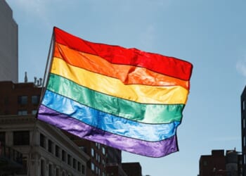 LGBT Flag waves in protest in New York City on March 21, 2026.