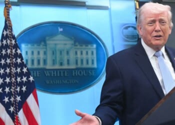 President Donald Trump talks about the Iran conflict in the James S. Brady Press Room of the White House in Washington, DC on April 6, 2026.