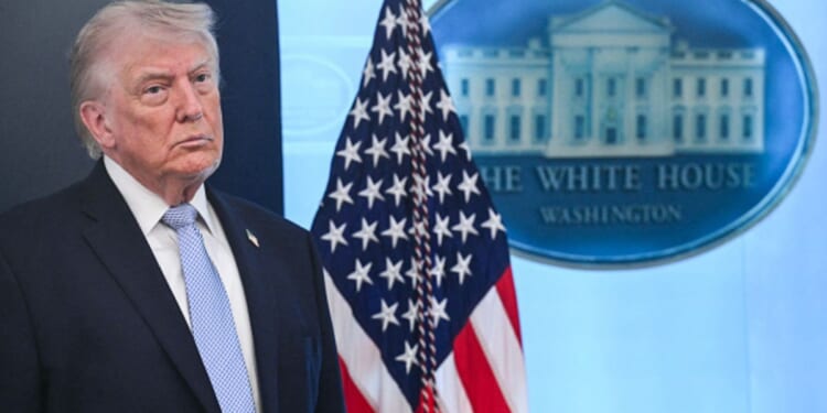 President Trump stands in the James S. Brady Press Room on April 6, 2026.