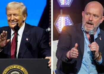 President Trump at a podium and California Gubernatorial Candidate Steve Hilton speaks at a forum.