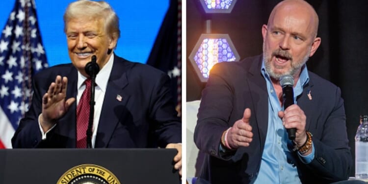 President Trump at a podium and California Gubernatorial Candidate Steve Hilton speaks at a forum.