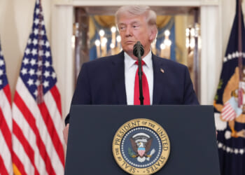 President Donald Trump pauses during a speech regarding the Iran war from the Cross Hall of the White House on April 1, 2026 in Washington, DC.