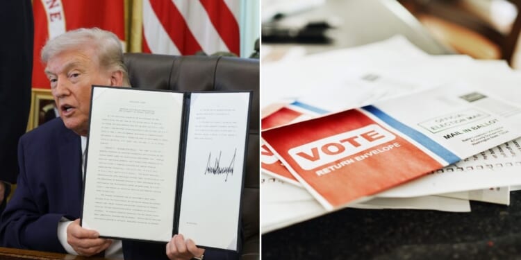 President Donald Trump signed an executive order to limit and better regulate mail-in voting in the Oval Office of the White House on March 31, 2026.