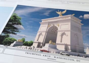Artist renderings and diagrams for President Donald Trump's new triumphal arch were displayed Friday.