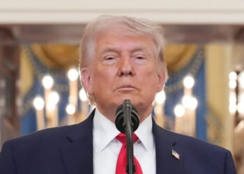 President Donald Trump pauses as he finishes speaking about the Iran war from the Cross Hall of the White House on Wednesday, April 1, 2026, in Washington, D.C.