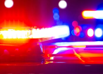 Red and blue flashing police lights.