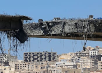 A view of the B1 bridge is pictured Thusrday, a day after it was destroyed by a strike in Karaj, around 20 miles southwest of Tehran, Iran.