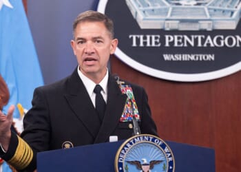 CENTCOM Commander Admiral Brad Cooper speaks during an April 16 media briefing at the Pentagon in Washington, D.C. Cooper reportedly is scheduled to brief President Donald Trump on the potential use of the Dark Eagle weapons system.