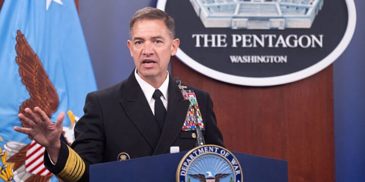 CENTCOM Commander Admiral Brad Cooper speaks during an April 16 media briefing at the Pentagon in Washington, D.C. Cooper reportedly is scheduled to brief President Donald Trump on the potential use of the Dark Eagle weapons system.