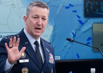 Chairman of the Joint Chiefs of Staff Gen.Dan Caine speaks as a map of the Strait of Hormuz is displayed during a media briefing Thursday at the Pentagon in Washington, D.C.