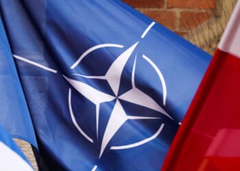 The NATO flag flies amongst others on February 20, 2026.