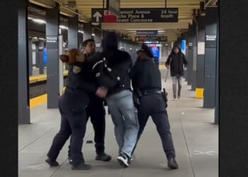 The three New York Police Department officers failed to restrain the suspect, who shook them off and walked away.