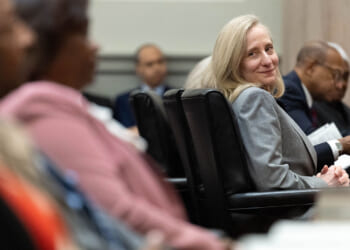Gov. Abigail Spanberger looks at Chief Justice Cleo E. Powell during her investiture ceremony in the chamber of the Supreme Court of Virginia, on March 2, 2026. (Photo by Mike Kropf-Pool/Getty Images)
