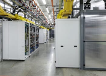 Graphics processing unit rows in Indonesian warehouse on February 4, 2026.
