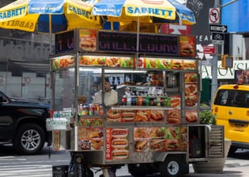 A Sabrett food cart that sells hot dogs is seen in Times Square, Midtown Manhattan, New York City, on July 5, 2022.