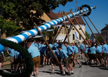 Beer, music and shouts of ‘Hau-Ruck’ as a Bavarian village raises its new maypole