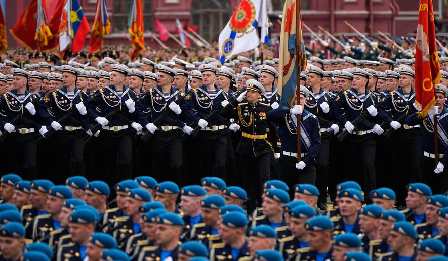 Russian servicemen attend the Victory Day military parade in Moscow, Saturday, May 9, 2026, during celebrations of the 81st anniversary of the Soviet Union's victory over Nazi Germany during World War II. (AP Photo/Alexander Zemlianichenko, Pool)