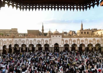 Muslims gather to take part in a special morning prayer at the Al-Azhar Mosque in Cairo on May 27, 2026, to start Eid al-Adha, the Feast of Sacrifice, marking the end of the annual Hajj pilgrimage to Mecca.