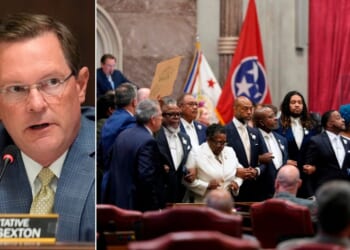 Tennessee House Speaker Cameron Sexton, left, notified House Democrats they are being stripped of most of their committee assignments as punishment for disruptive behavior last week, which included blasting noisemakers and locking arms and drowning out activity as the GOP majority voted to redraw congressional voting maps Thursday in Nashville, Tennessee.