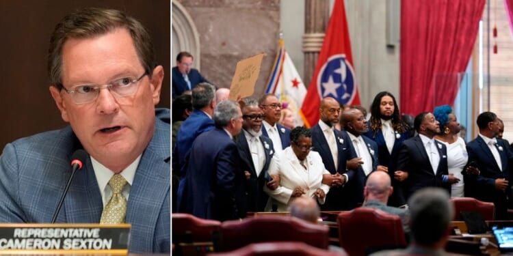 Tennessee House Speaker Cameron Sexton, left, notified House Democrats they are being stripped of most of their committee assignments as punishment for disruptive behavior last week, which included blasting noisemakers and locking arms and drowning out activity as the GOP majority voted to redraw congressional voting maps Thursday in Nashville, Tennessee.