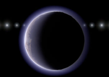 This image provided by NAOJ shows artist’s impression of the trans-Neptunian object 2002 XV93 occulting a background star. Observations of a stellar occultation in January 2024 revealed gradual fading and recovery of the starlight, providing evidence for a very thin atmosphere around the object.