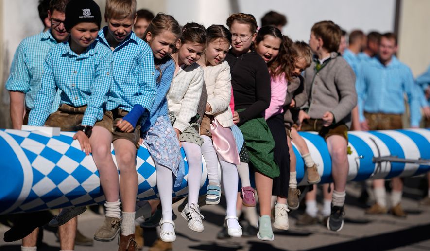 Young children sit on a May pole before it is erected in Kuehbach, Germany, Friday, May 1, 2026. (AP Photo/Matthias Schrader)