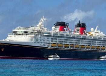 À Disney Magic cruise ship is approaching the Royal Walter cruise terminal in George Town port, Grand Cayman, on Feb. 12, 2024.
