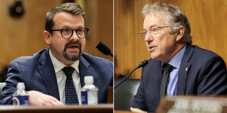 Sen. Rand Paul of Kentucky, right, questions CIA whistleblower James Erdman III, a senior operations officer, Wednesday during a hearing with the Senate Homeland Security Committee.
