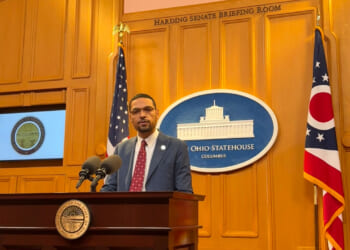 State Rep. Josh Williams stands behind the podium as he introduces a bill inside the Harding Senate Briefing Room.