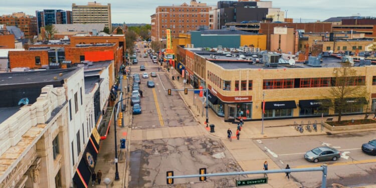 An aerial view of Downtown Ann Arbor, Michigan.
