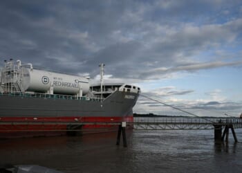 An oil and chemical tanker unloads at a petroleum depot on the Garonne river in Ambes, near Bordeaux, southwestern France, on May 5, 2026.