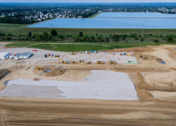 Construction vehicles are seen at the site for a data site in Lewis Center, Ohio.