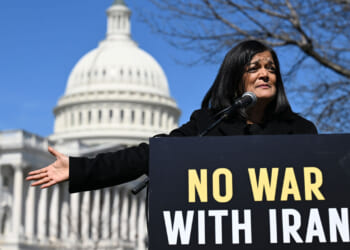 Rep. Pramila Jayapal (D-WA) speaks in front of the capitol.