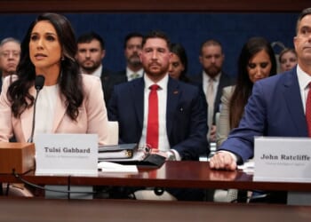 FBI Director Kash Patel, Director of National Intelligence Tulsi Gabbard, and Director of the Central Intelligence Agency John Ratcliffe testify during a House Select Intelligence Committee hearing on March 19, 2026, in Washington, D.C.