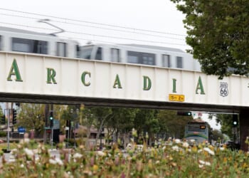 A train passes on a bridge in Arcadia, California, on May 12, 2026.