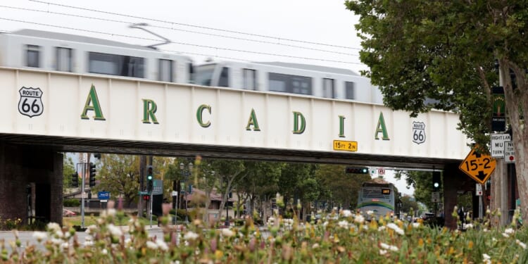 A train passes on a bridge in Arcadia, California, on May 12, 2026.
