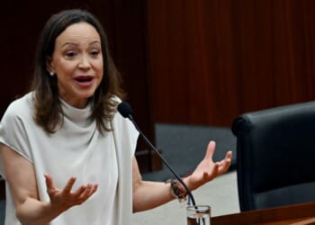 Venezuelan opposition leader Maria Corina Machado gestures as she delivers a speech at the National Assembly in Panama City on May 25, 2026.