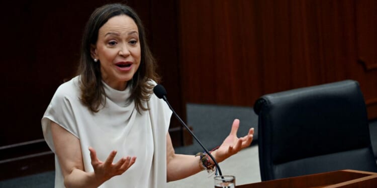 Venezuelan opposition leader Maria Corina Machado gestures as she delivers a speech at the National Assembly in Panama City on May 25, 2026.