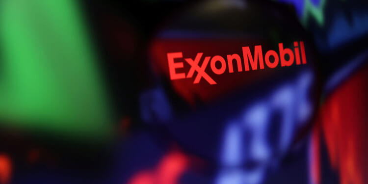 A graphic with red ExxonMobile against dark background.