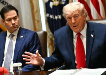President Donald Trump speaks alongside Secretary of State Marco Rubio during a cabinet meeting Wednesday at the White House in Washington, D.C.