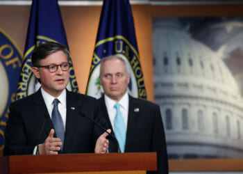 U.S. Speaker of the House Mike Johnson (R-LA) speaks alongside House Majority Leader Steve Scalise (R-LA) at a press conference.