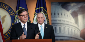 U.S. Speaker of the House Mike Johnson (R-LA) speaks alongside House Majority Leader Steve Scalise (R-LA) at a press conference.