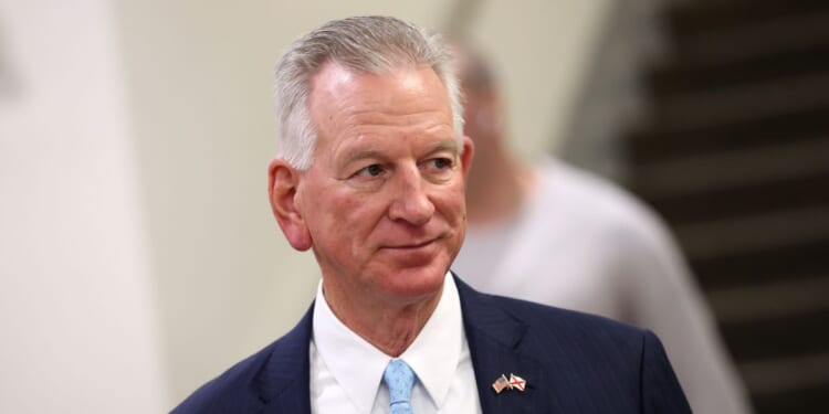 Sen. Tommy Tuberville speaks to reporters as he returns to his office at the U.S. Capitol on Feb. 10, 2026, in Washington, D.C.