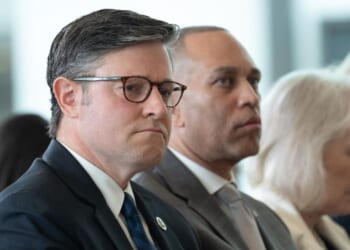 Speaker of the House Mike Johnson and House Minority Leader Hakeem Jeffries attend the United States Holocaust Memorial Museum's National Commemoration of the Days of Remembrance ceremony at the U.S. Capitol in Washington, D.C., on April 14, 2026.
