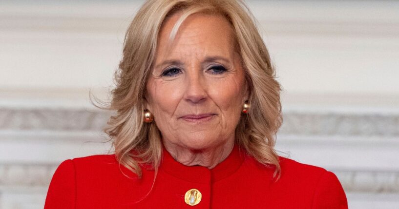 Jill Biden sits and looks during an event at the White House.
