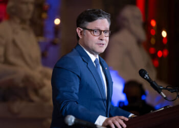US Speaker of the House Mike Johnson, Republican from Louisiana, speaks during the National Day of Prayer service in Statuary Hall at the US Capitol in Washington, DC, on May 7, 2026.