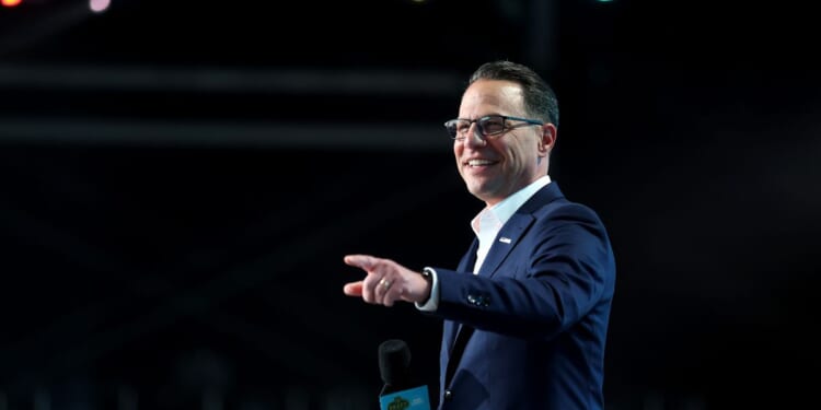Gov. Josh Shapiro points prior to Round One of the 2026 NFL Draft at Acrisure Stadium on April 23, 2026, in Pittsburgh, Pennsylvania.