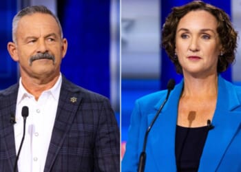 California gubernatorial candidates Chad Bianco, left, and Katie Porter sparred verbally during Wednesday's debate.