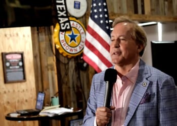 Republican Senate candidate Ken Paxton speaks to supporters at a campaign stop on May 15, 2026, in Little Elm, Texas.