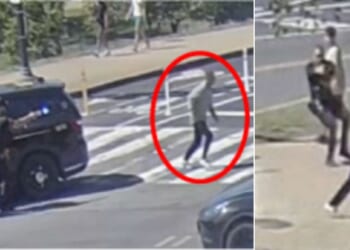 As police arrived at the scene, left, the gunman started to run and then exchanged shots with an officer, right. A teenager behind the officer was struck.